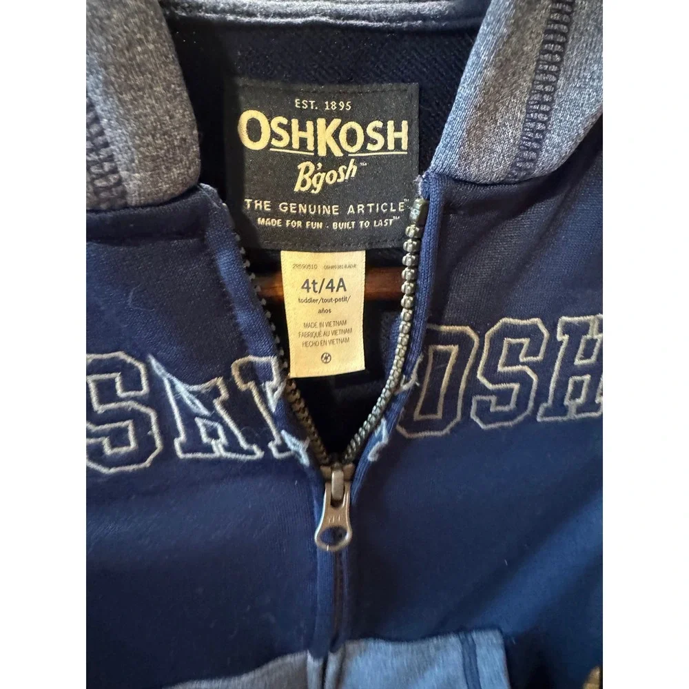 OshKosh Boys Zip Up Hoodie Navy Blue Gray Logo Sweatshirt Toddler Size 4T